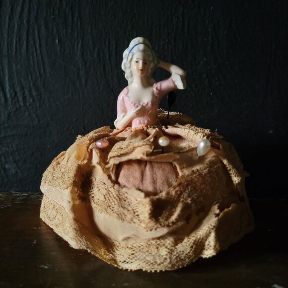 Antique Porcelain Half Doll Pin Cushion, Sewing Room Decor, Tattered Dress Doll - Picture 1 of 9